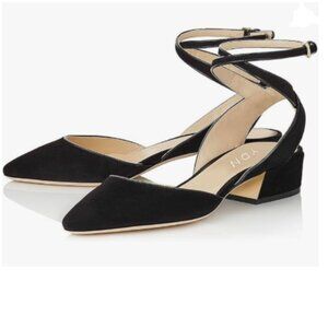 YDN Black Low Block Heel Sandals Pointy Toe D'Orsay Pumps With Ankle Strap